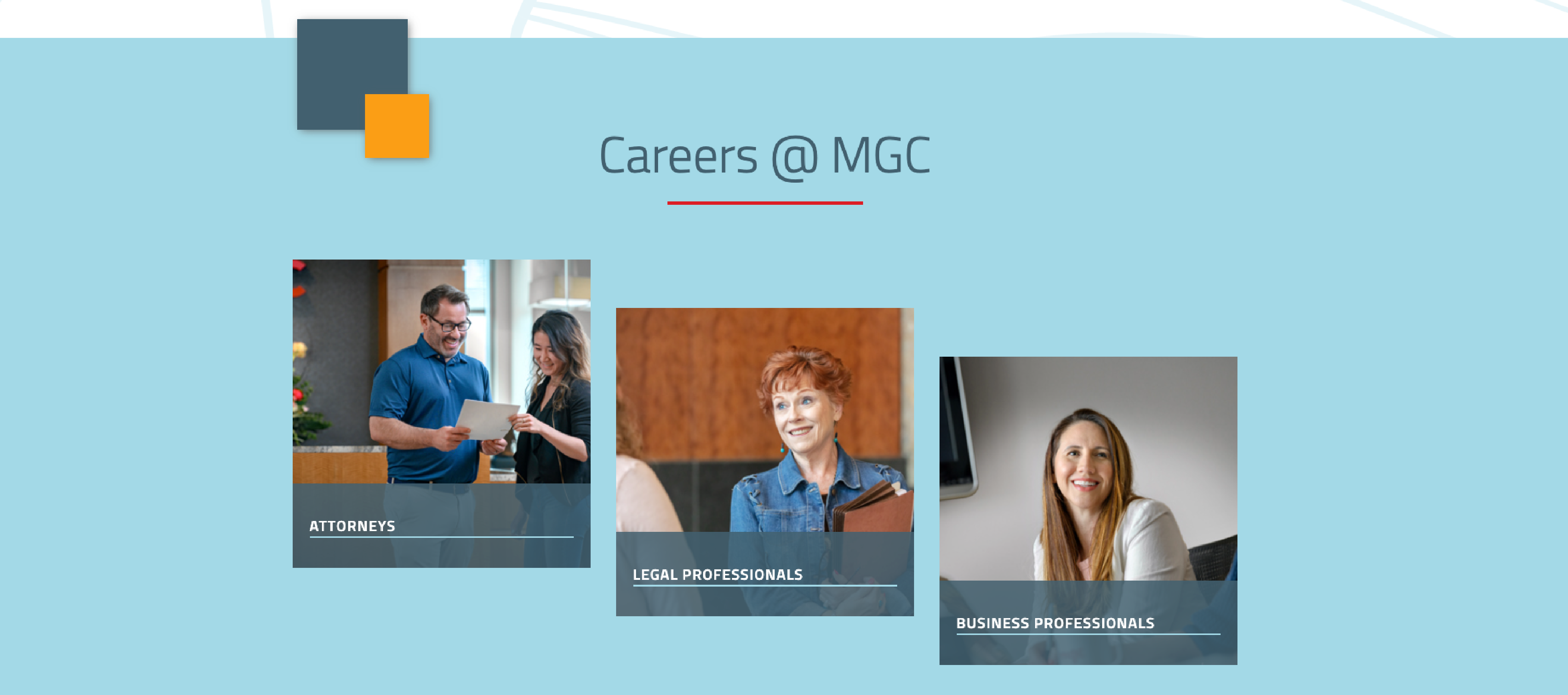 screenshot showing three staggered cards with abstract design elements that show available careers at MGC