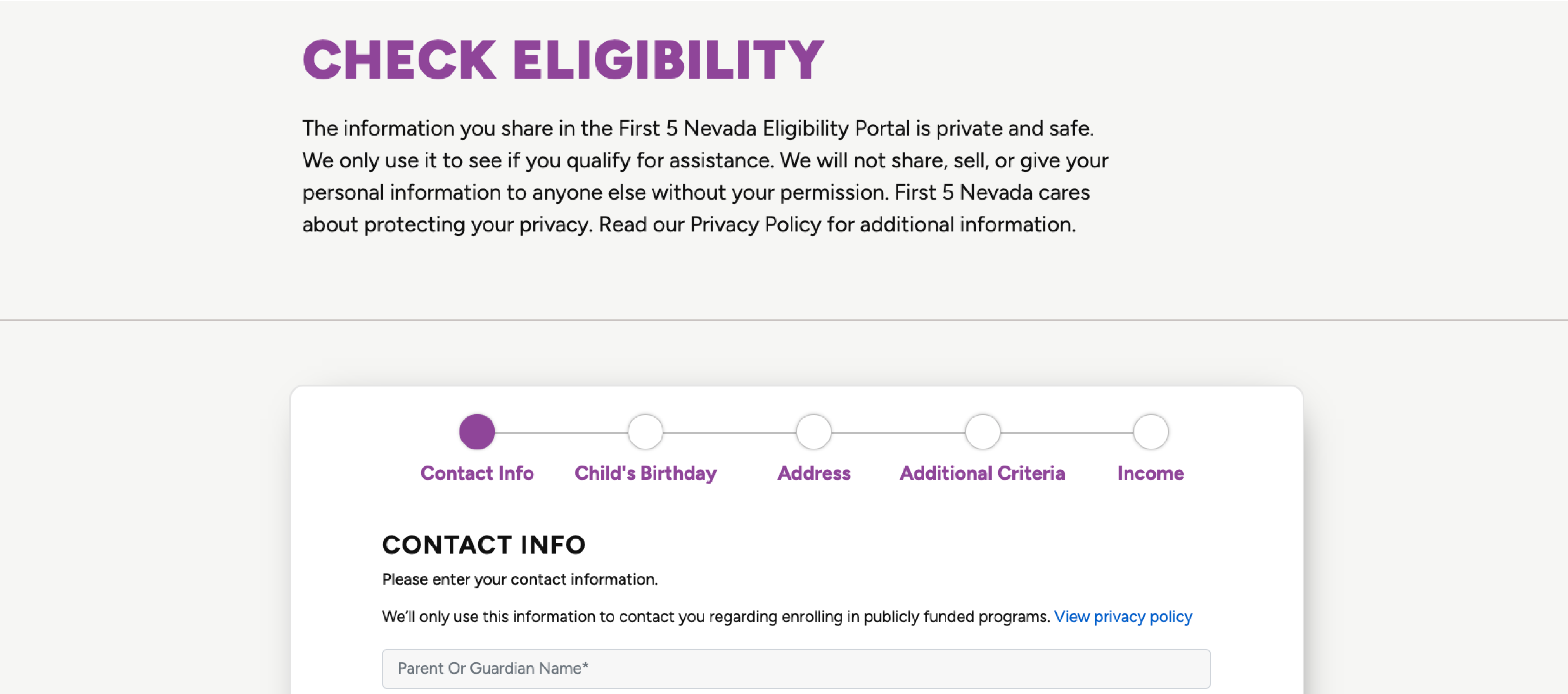 screenshot of eligibility screener