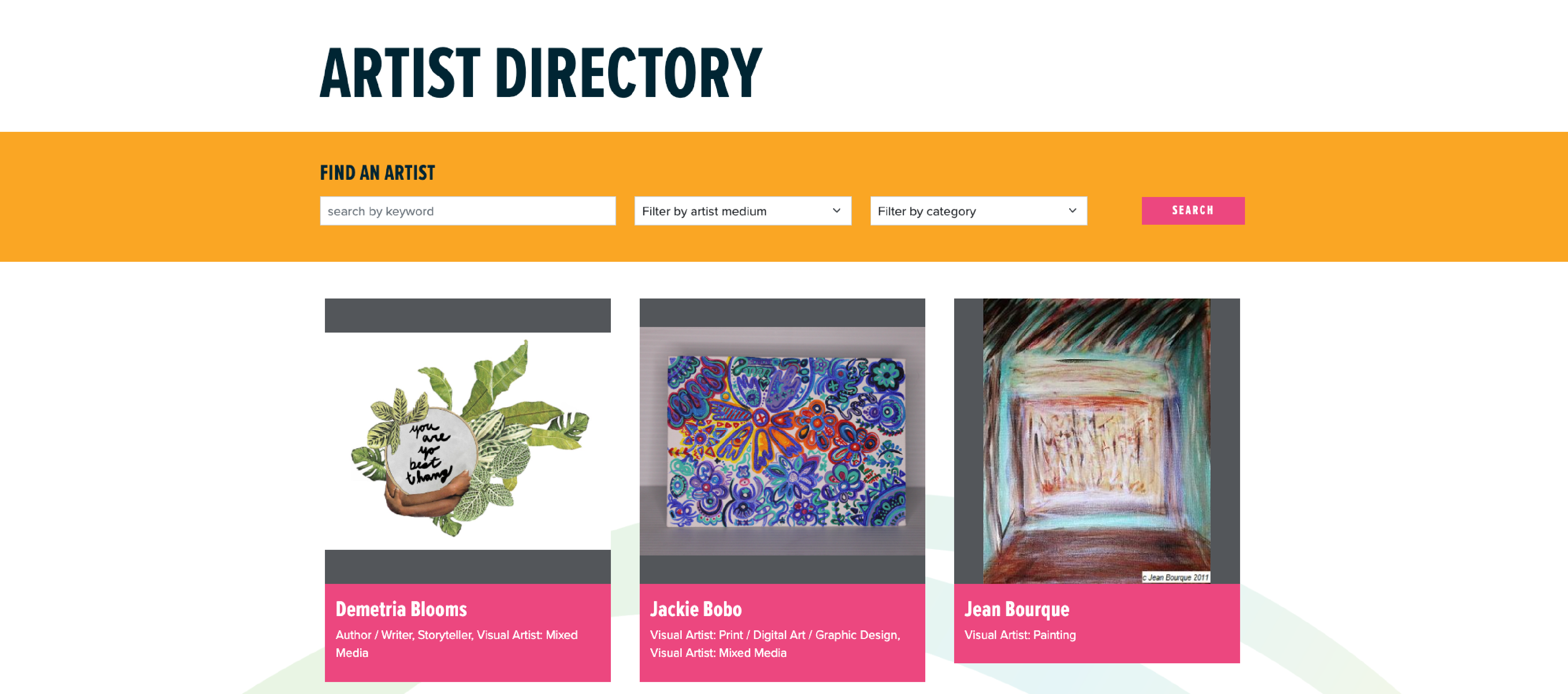 screenshot of artist directory