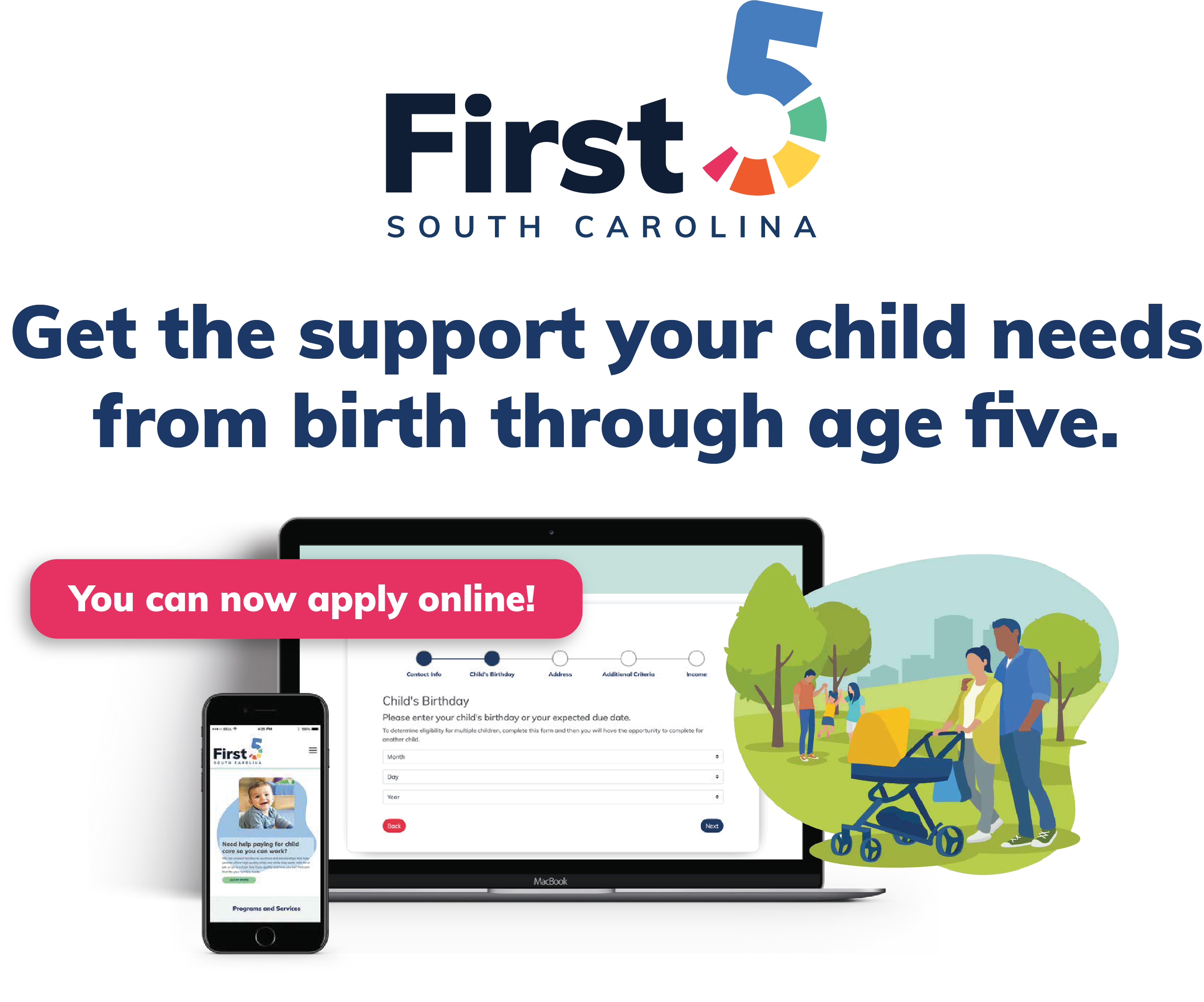 examples of First 5 South Carolina branding elements including logo and illustrations