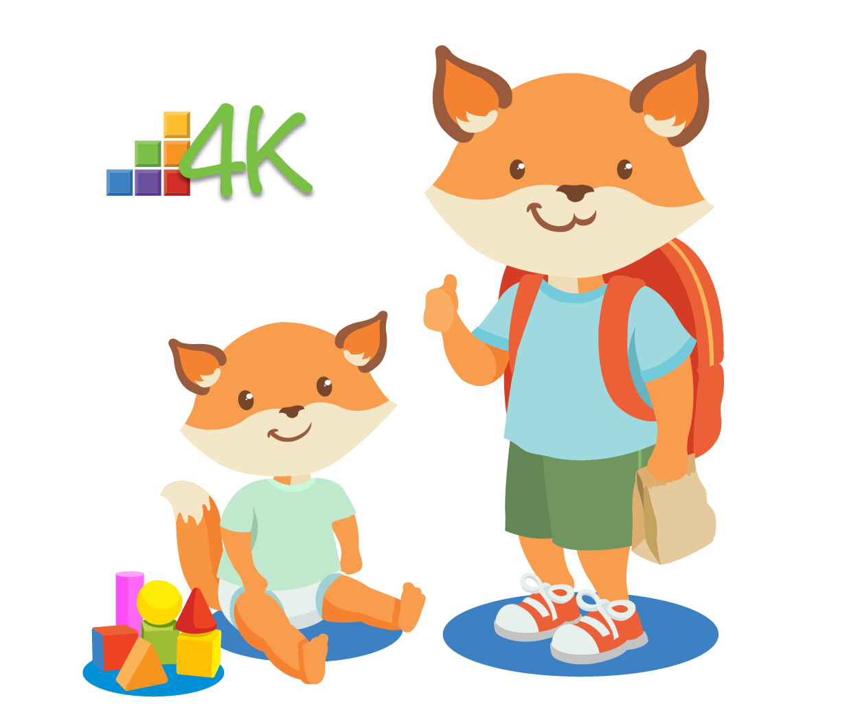 illustration of sc first steps mascots, two fox children. one is a toddler playing with blocks and the other is carrying a lunchbag and wearing a backpack