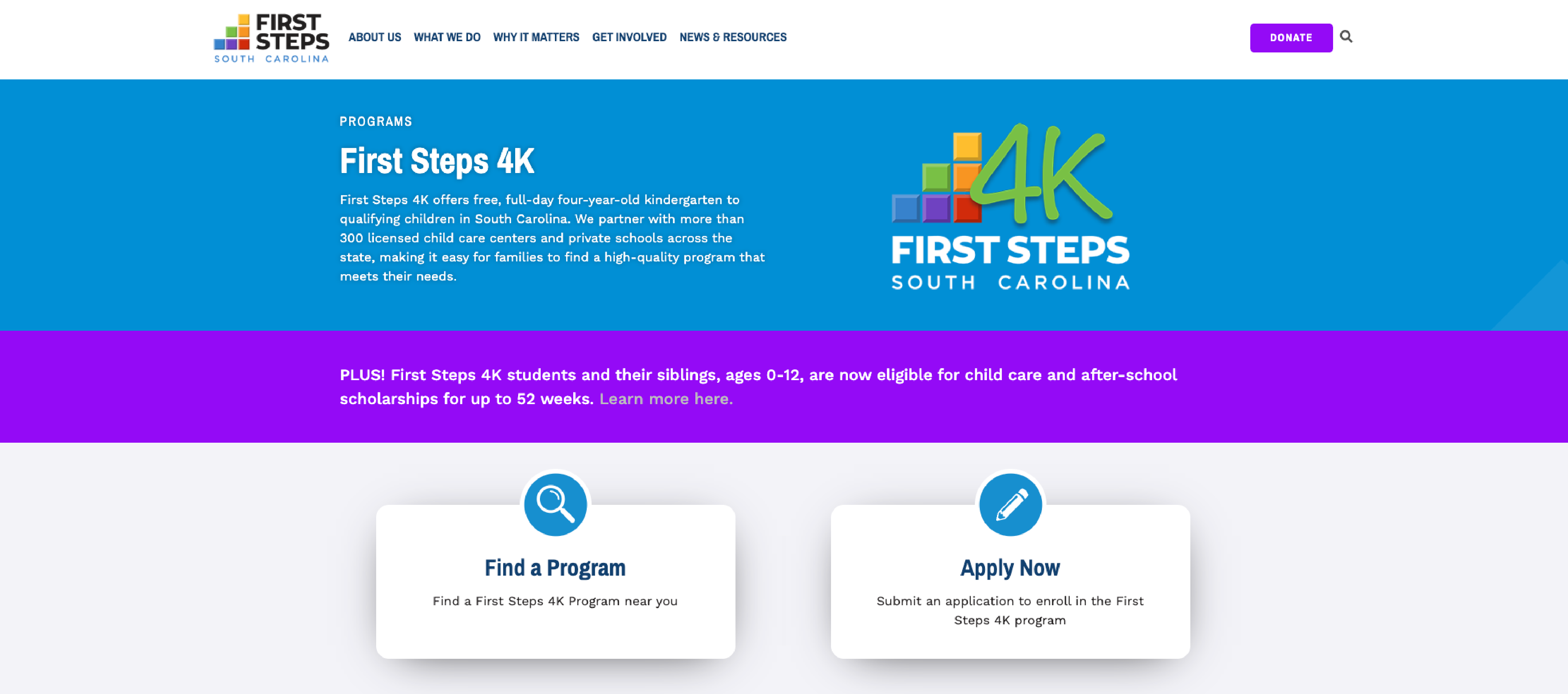 screenshot of first steps 4k page showing how to apply for a program as well as find nearby programs