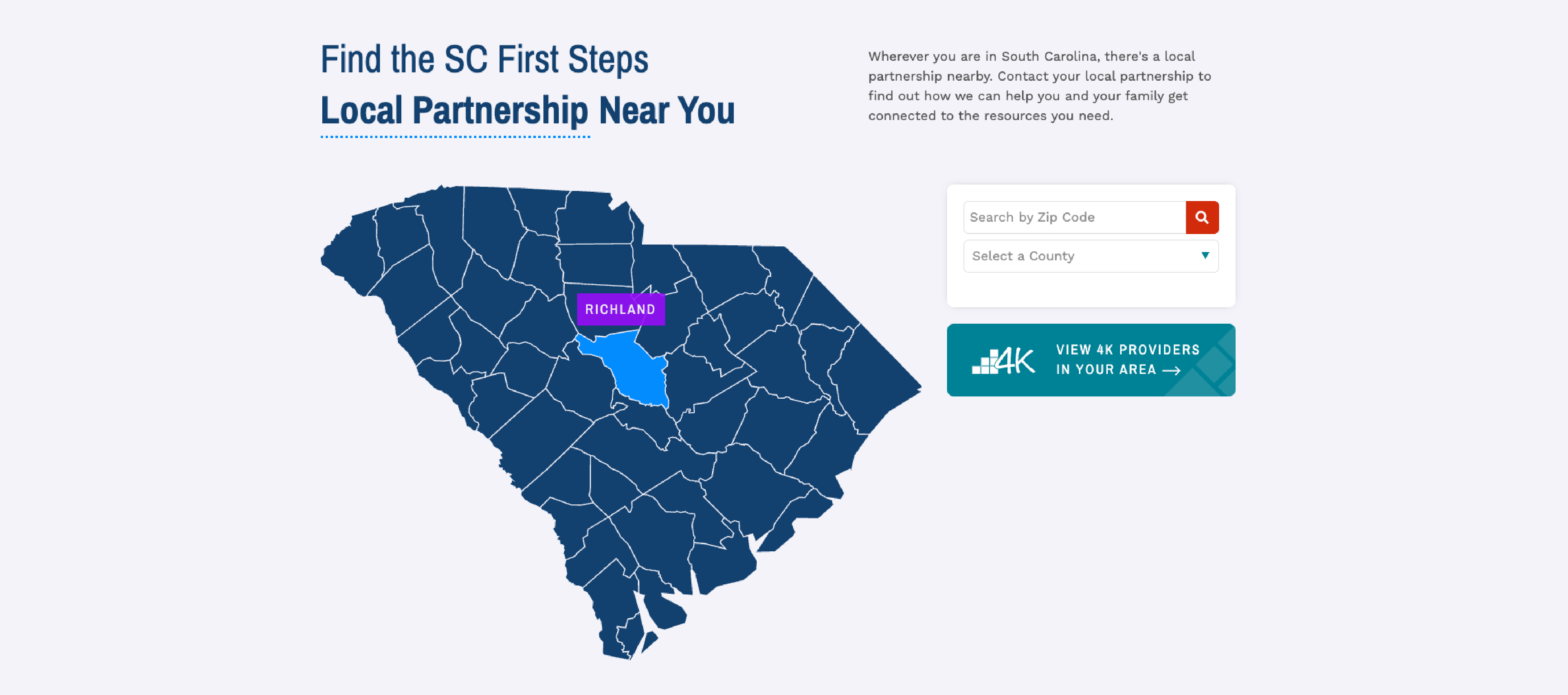 screenshot of a south carolina state map that allows users to find local first steps partnerships