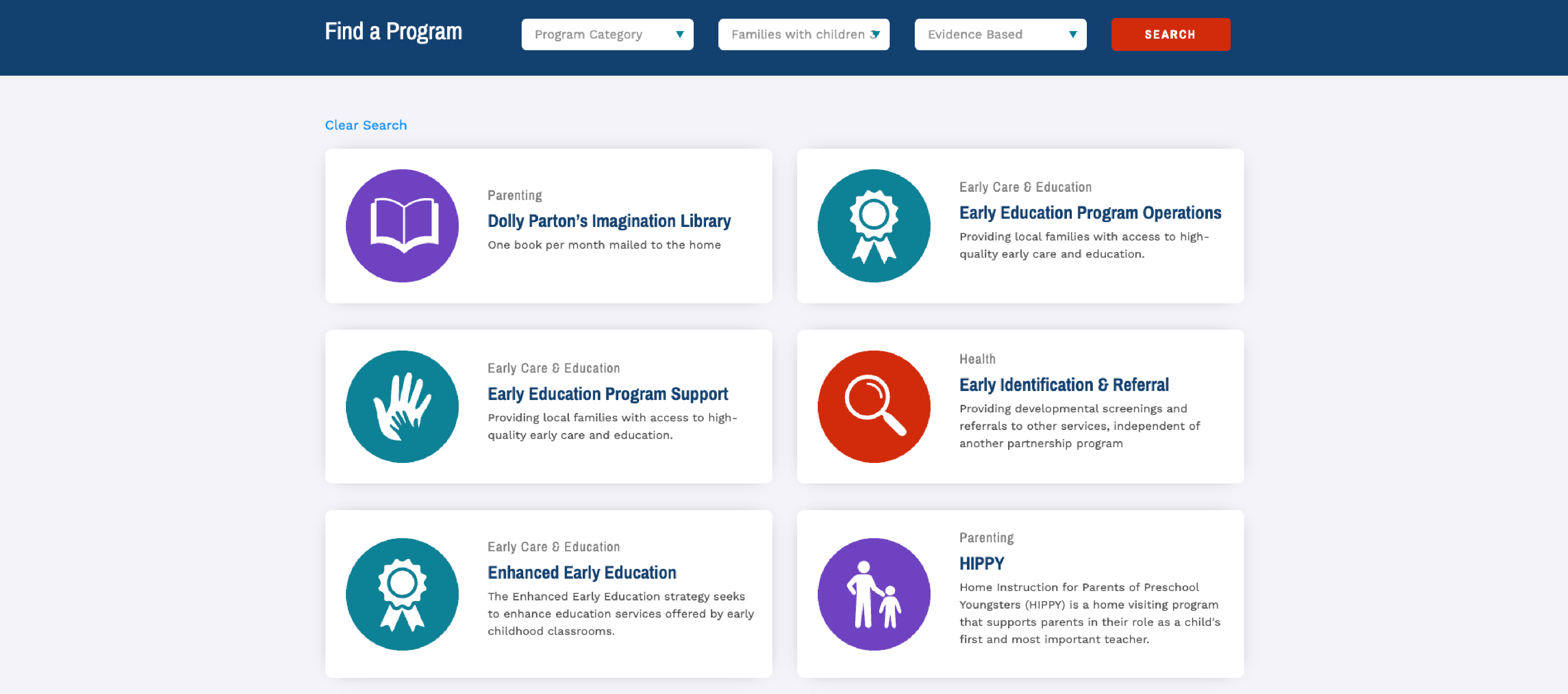 screenshot of 'find a program' search results page