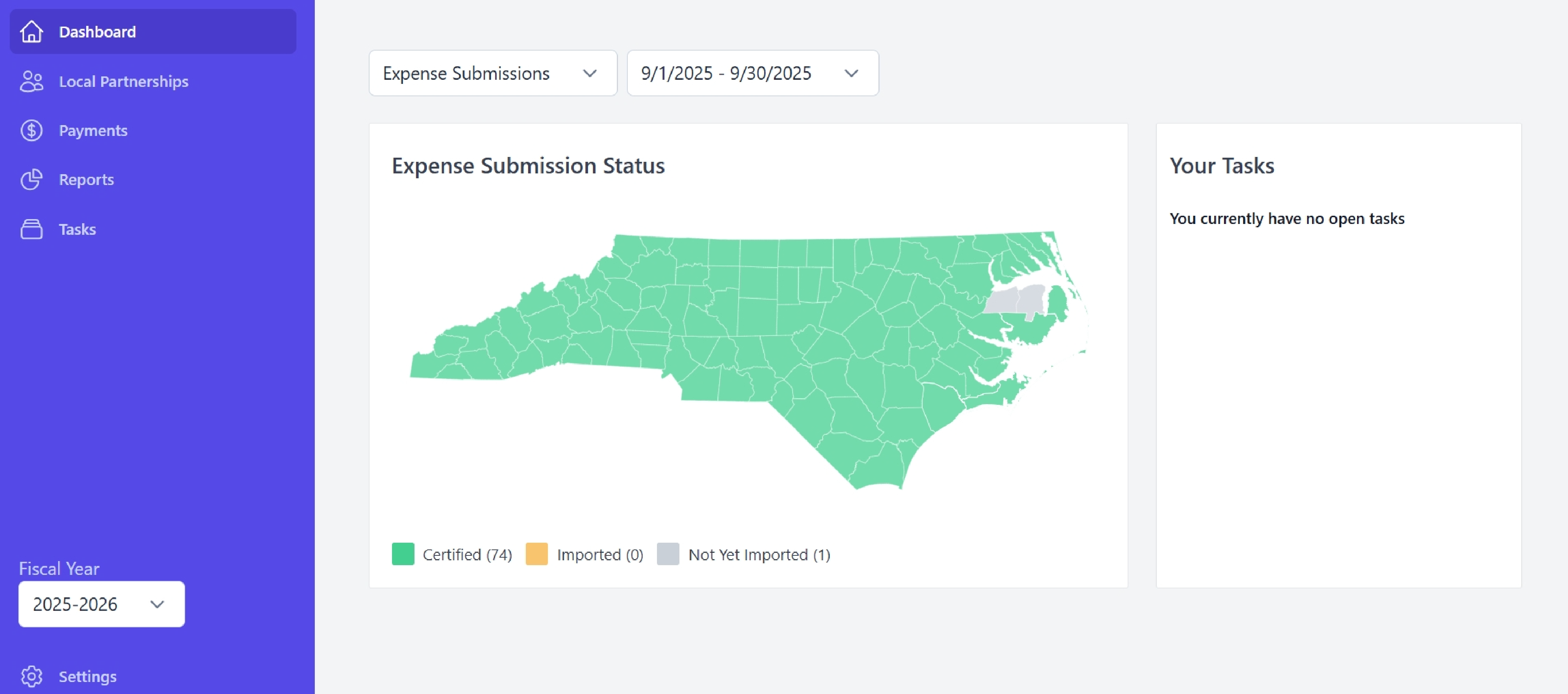 screenshot of dashboard showing submission status by county