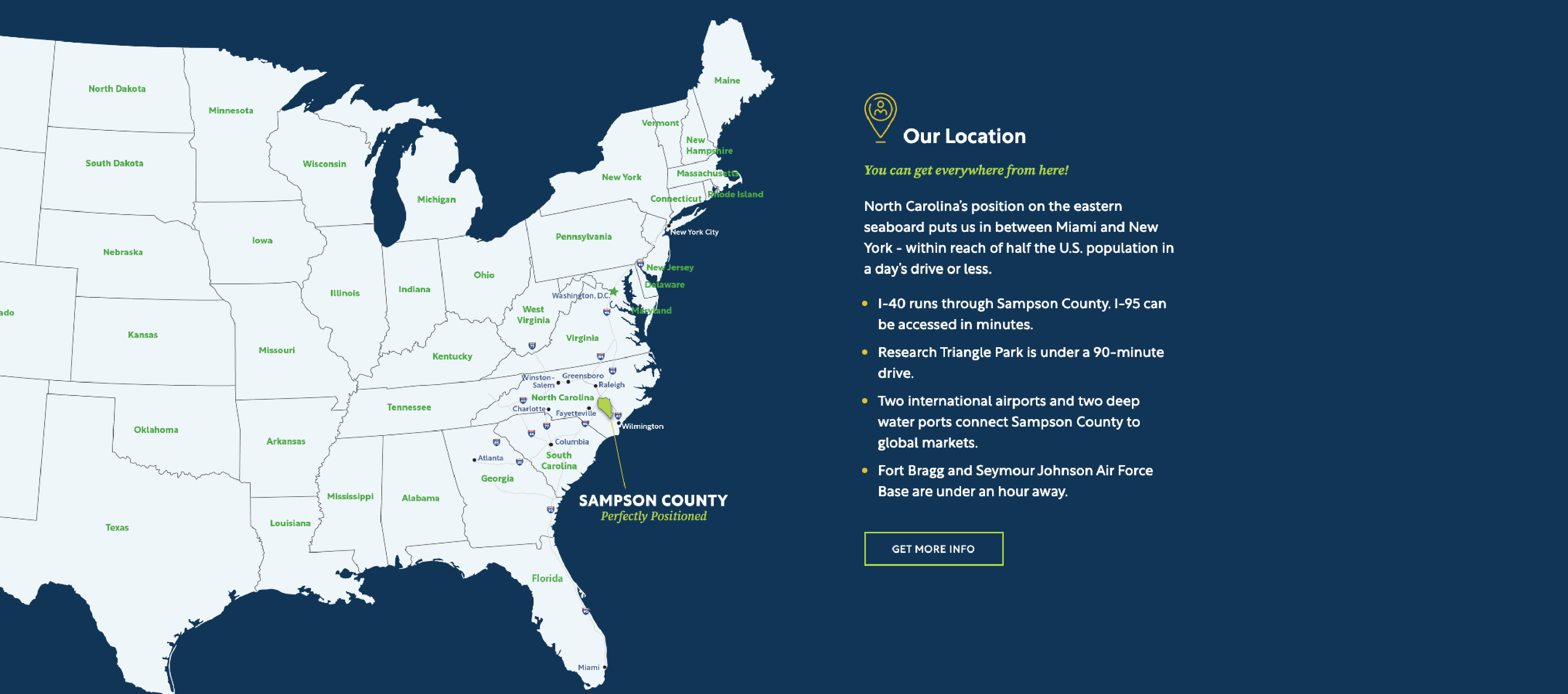 screenshot showing sampson county's location on the east coast of the United States