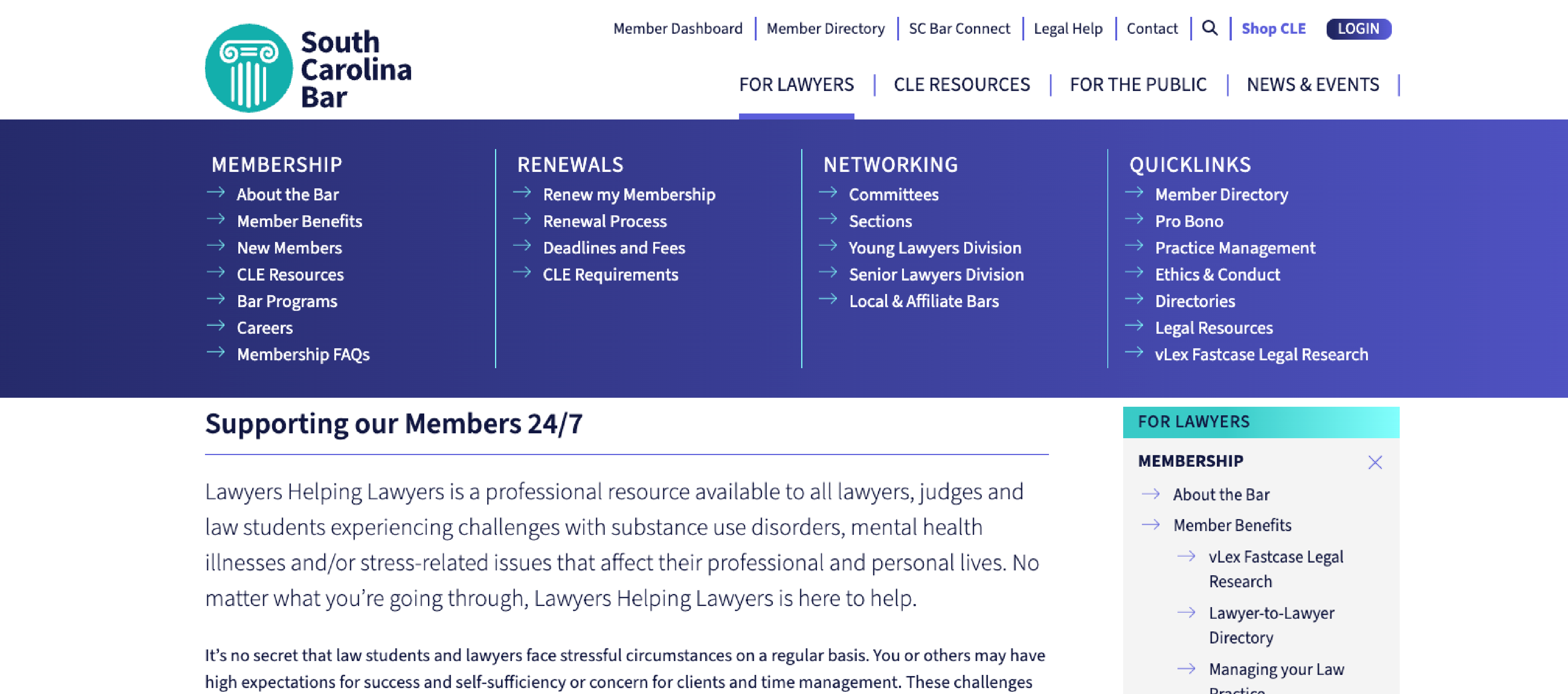 screenshot of SC Bar subpage with navigation elements displayed