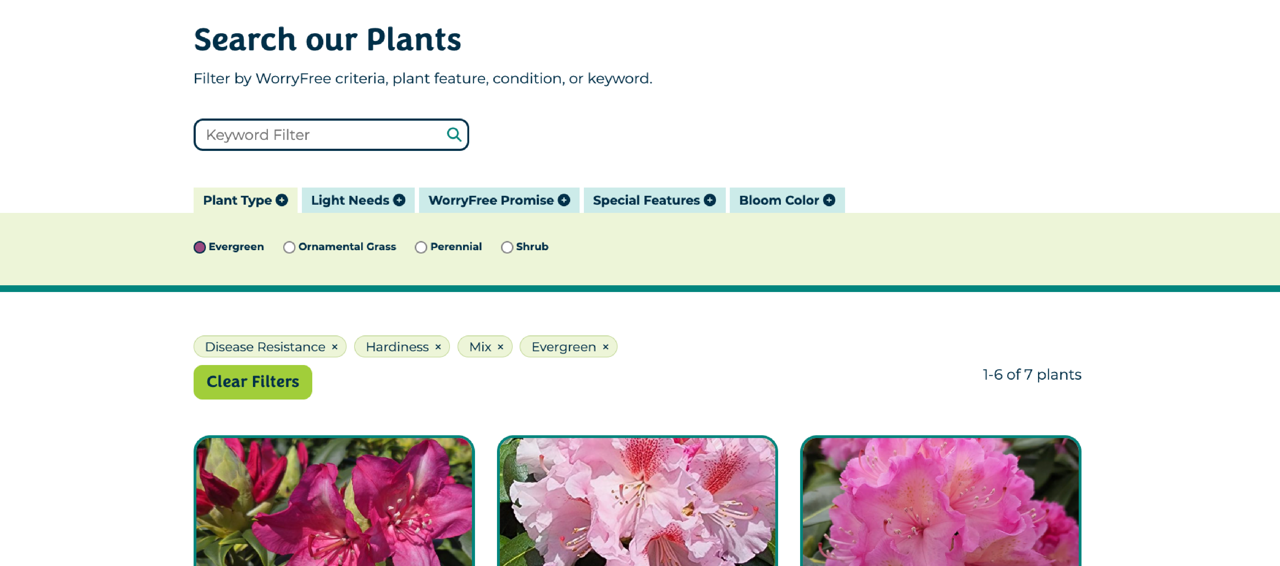 screenshot of the plant search, including filters for various plant features and needs